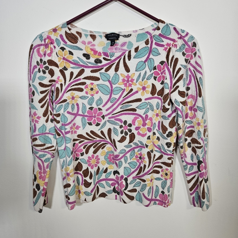 Talbots Women's 100% Merino Floral Crew Neck Sweater - Pink, Yellow, Blue, Brown